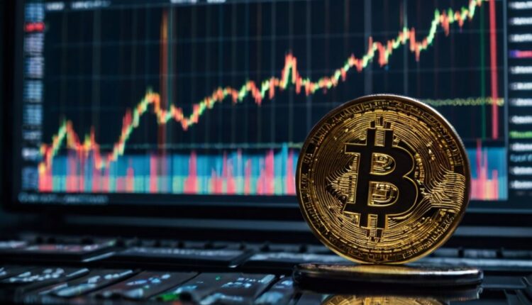 Złota moneta Bitcoina. W tle wykres giełdowy. na ciemnym tle.