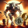 Cyborg z głową byka. Obok niego stoją sterty monet BTC i ETH. W tle słońce.