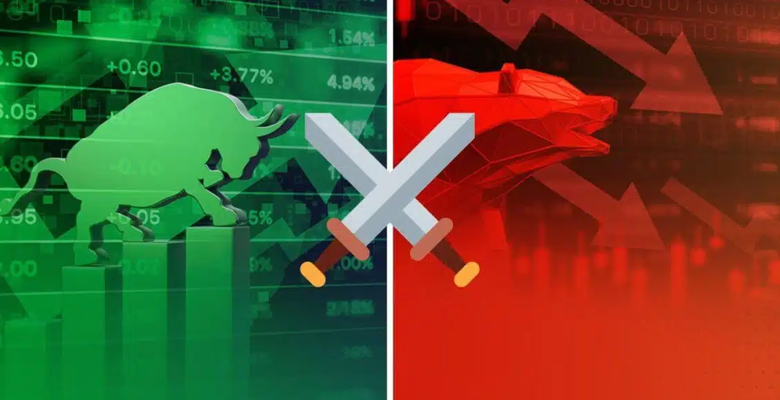 Szarżujący giełdowy byk na zielonym tle vs czerwony niedźwiedź