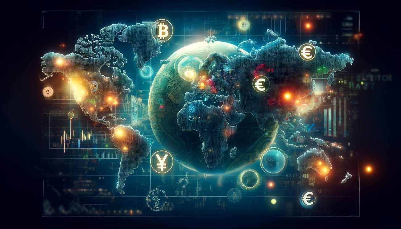 futurystyczny obraz mapy świata przedstawiający rewolucję w finansach spowodowaną przez cbdc