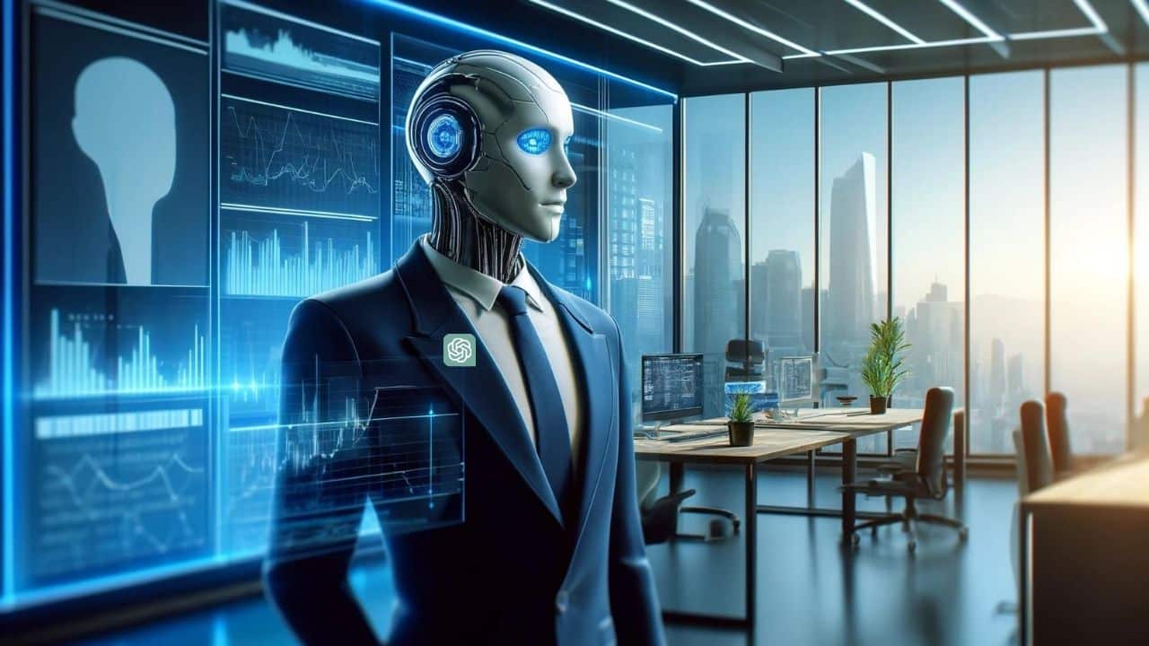 ChatGPT jako humanoidalny robot-inwestor w wieżowcu i garniturze na tle panoramy miasta