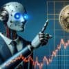 Robot AI w garniturze wskazuje na wykres Bitcoina który idzie do góry