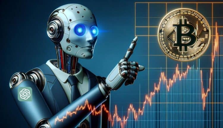 Robot AI w garniturze wskazuje na wykres Bitcoina który idzie do góry