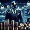 Cyborg w garniturze. Przed nim na blacie ułożone stosy ze złotych monet. W tle wykresy giełdowe.