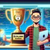 zdjęcie przedstawia developera z pucharem za wykrycie luki w protokole defi, w tle linijki kodu