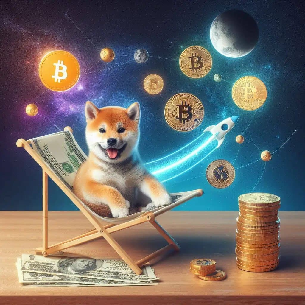 Pieseł na leżaku, obok monety, w tle Bitcoiny.