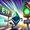 znak ethereum pędzący drogą w stronę drogowskazu ETF, mijający sygnalizator świetlny