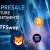 Grafika reklamowa ETFSwap. w tle futurystyczne miasto i logo SOL, SHIB, BTC, DOGE.