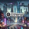 Logo firmy Ethena na tle futurystycznego miasta