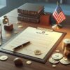 drewniane biurko z flagą USA, szklanką wody oraz monetami bitcoin i ethereum