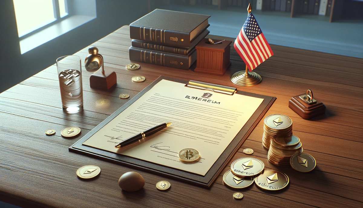 drewniane biurko z flagą USA, szklanką wody oraz monetami bitcoin i ethereum