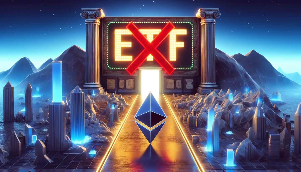 symbol ethereum podążający w stronę przekreślonej tablicy ETF