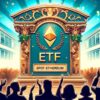ozdobna tablica z logo ethereum etf w uroczystej auli, ludzie wokół klaszczący