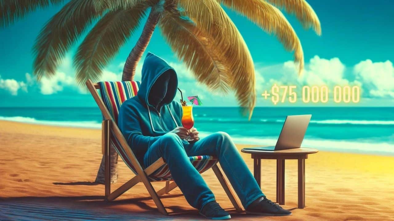 Haker z bluzą z kapturem na plaży z drinkiem