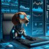 Cyborg jamnik Winere AI (token AI). W tle wykresy giełdowe. Przyciemnione pomieszczenie.