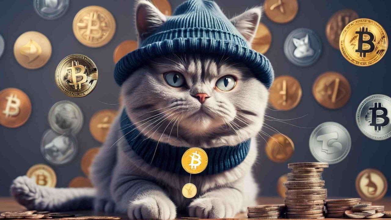 Kot w czapeczce. W tle monety Bitcoin.