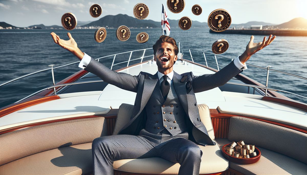 Radosny mężczyzna w garniturze siedzący na statku, podrzucający monety ze znakiem zapytania.