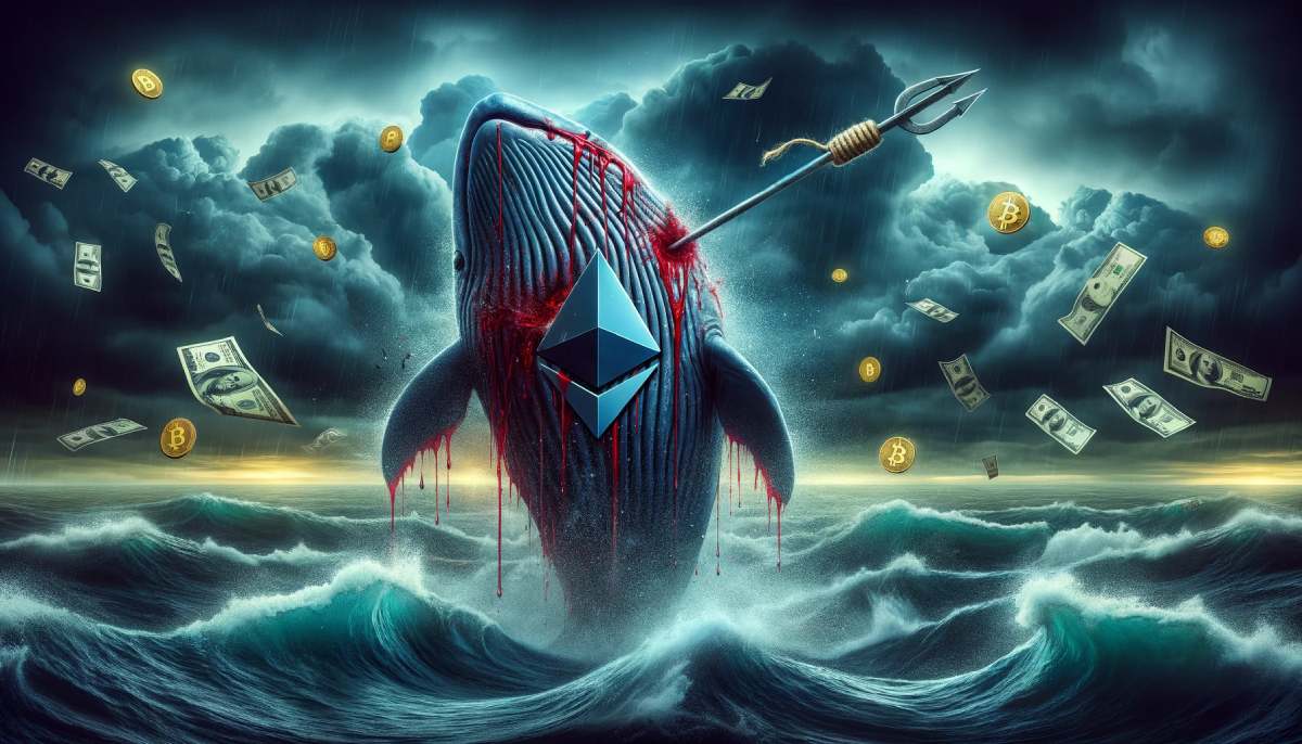 wieloryb ze znaczkiem ethereum trafiony harpunem, krwawiący na środku morza