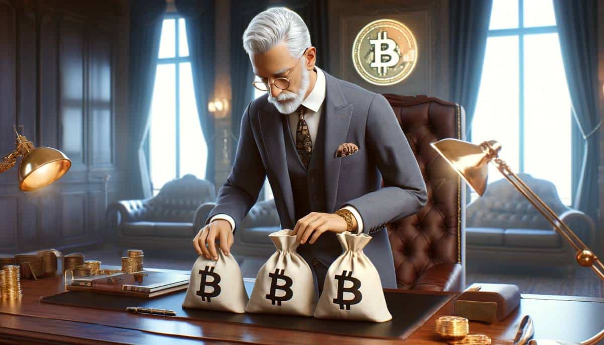 starszy siwy człowiek w idealnie skrojonym garniturze kładzący worki z logo bitcoin na dębowym biurku