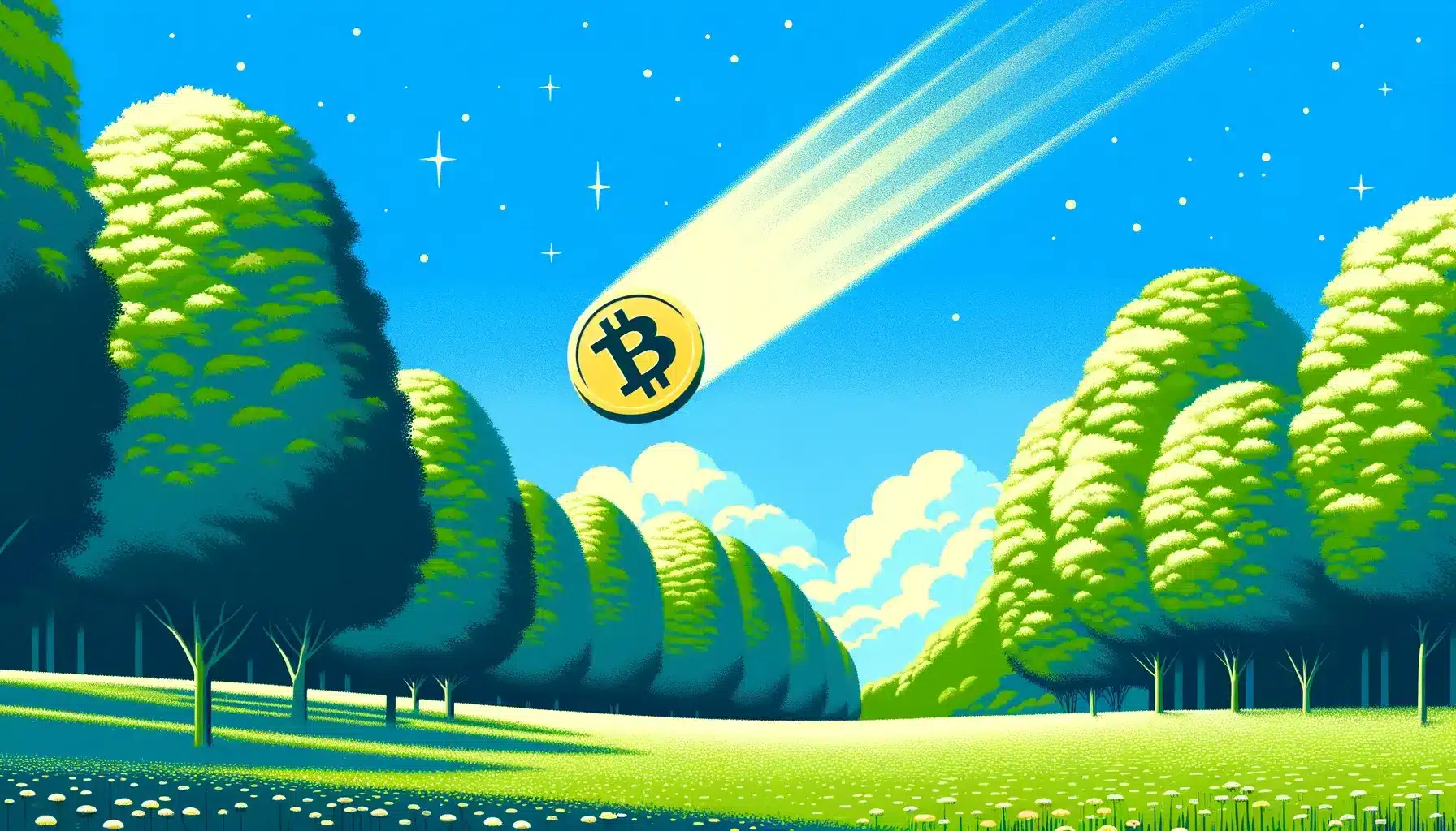 Moneta Bitcoin spadająca jak kometa z nieba na tle wiosennego krajobrazu