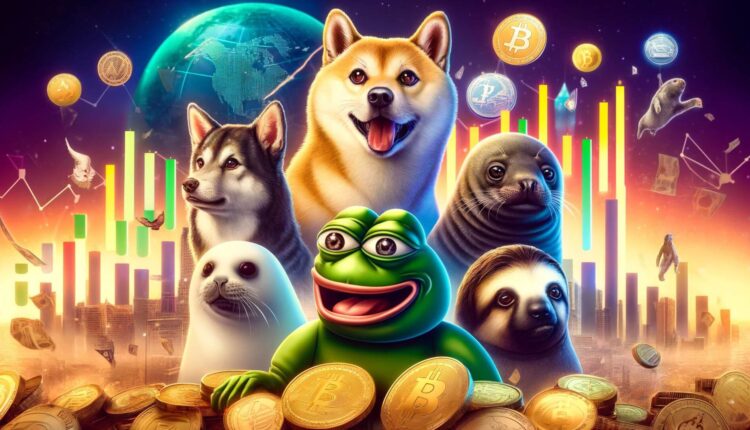 Bohaterowie memecoinów. W tle BTC i wykresy giełdowe.
