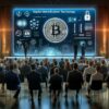 obrazek przedstawia konferencję, na której prezentowane jest nowe rozwiązanie MicroStrategy. na ektranie moneta bitcoin, wokół ludzie siedzący na krzesłach, wpatrujący się w prelegenta