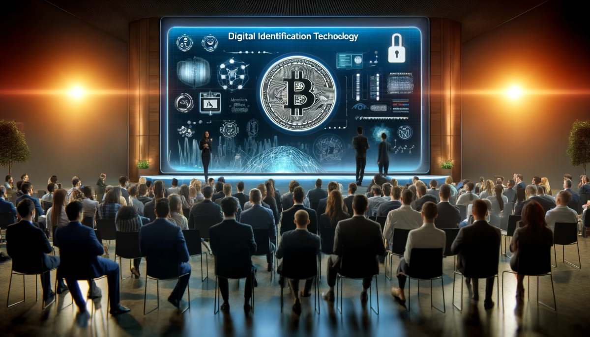 obrazek przedstawia konferencję, na której prezentowane jest nowe rozwiązanie MicroStrategy. na ektranie moneta bitcoin, wokół ludzie siedzący na krzesłach, wpatrujący się w prelegenta