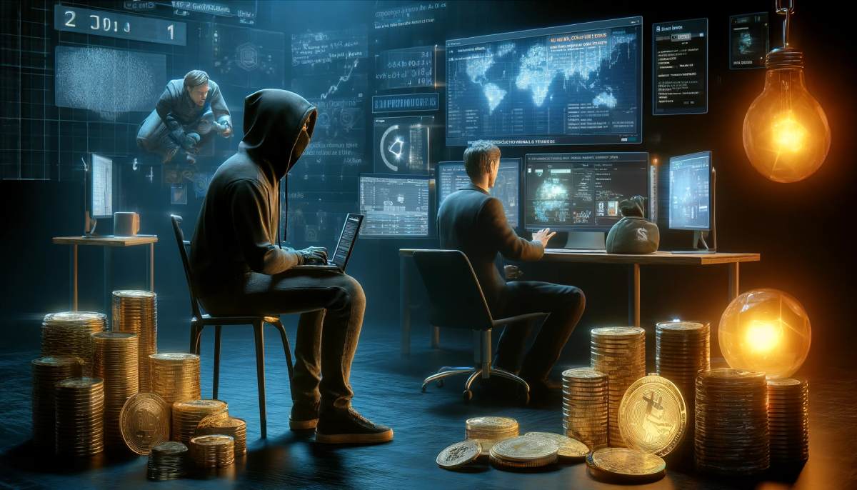 oszust krypto otoczony złotymi monetami przyglądający się swojej ofierze siedzącej przy komputerze