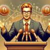 Mężczyzna przy mównicy. W tle Bitcoin i wykresy giełdowe.