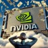 logo nvidia na niebie, w tle deszcz dolarowych banknotów, na pierwszym planie inwestor patrzący w stronę logo, trzymający się za głowę