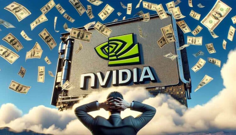 logo nvidia na niebie, w tle deszcz dolarowych banknotów, na pierwszym planie inwestor patrzący w stronę logo, trzymający się za głowę