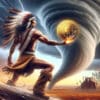Indianin z Bitcoinem w dłoni w tle tornado