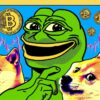 Żaba Pepe i dwa Doge, w tle Bitcoiny i wykres giełdowy.