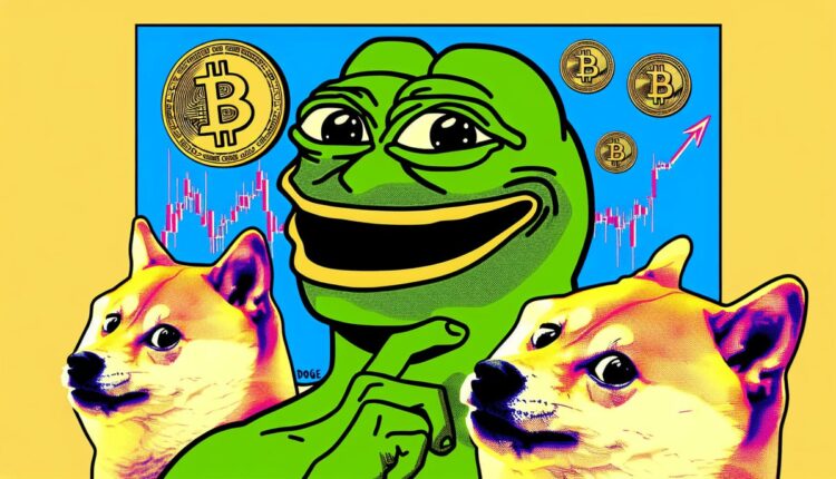Żaba Pepe i dwa Doge, w tle Bitcoiny i wykres giełdowy.