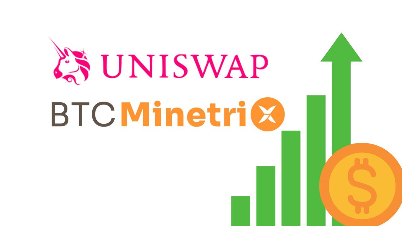 Grafika reklamowa Btc Minetrix, zielony wykres pokazujący wzrost, logo Uniswap.