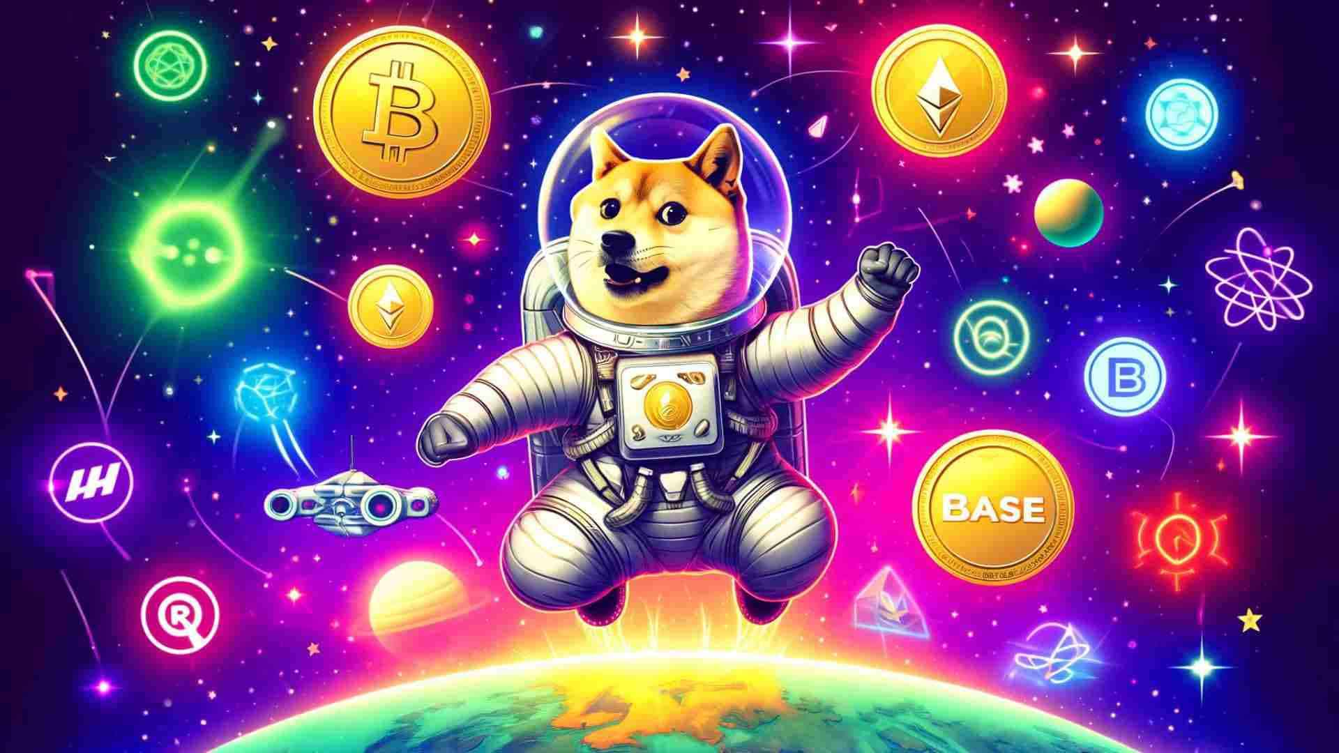 Pies w stroju astronauty lewitujący w kosmosie pośród kryptowalut.