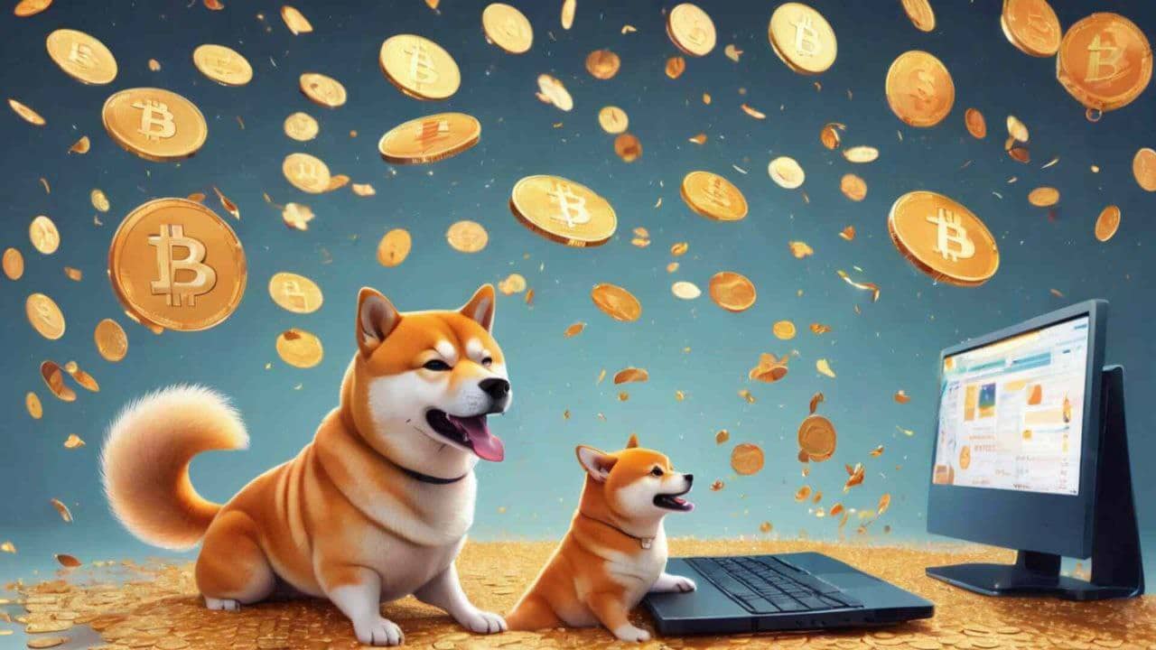 Pieski przy komputerze, a tle deszcz Bitconów.