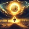 moneta bitcoin jaśniejąca na ciemnym niebie, na ziemi symbol ethereum pośród zgliszczy