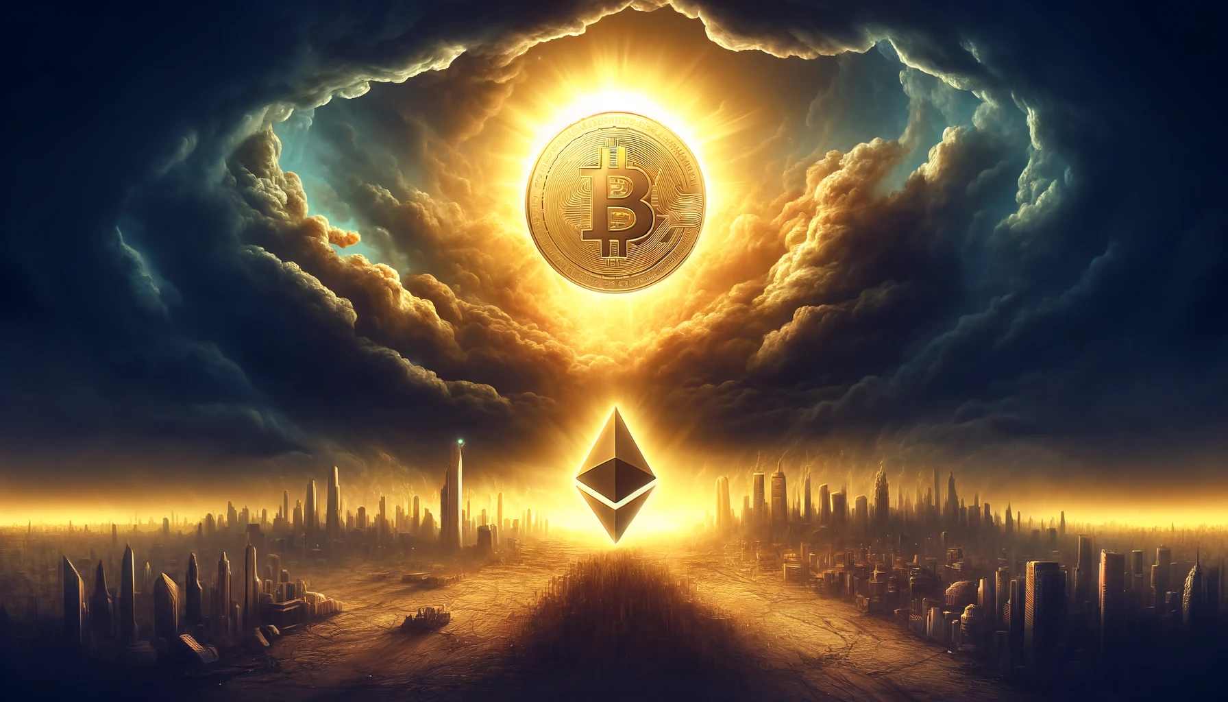 moneta bitcoin jaśniejąca na ciemnym niebie, na ziemi symbol ethereum pośród zgliszczy