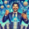 Radosny trader, przed nim stos monet ze znakiem zapytania. W tle Bitcoin i wykresy giełdowe.