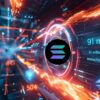 logo kryptowaluty solana w centrum grafiki, w tle energetyczne linie