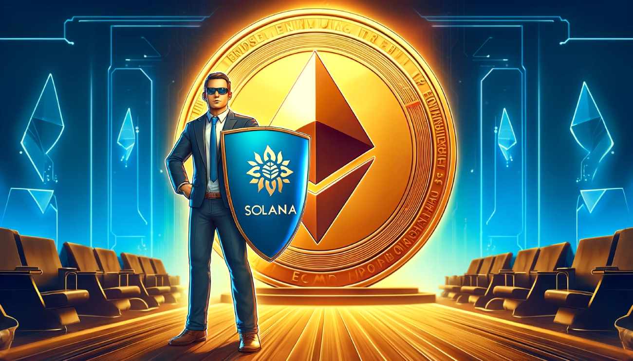 mężczyzna z tarczą z logo kryptowaluty Solana broni gigantycznej monety Ethereum