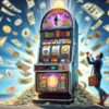 maszyna kasynowa typu jednoręki bandyta z logo bitcoina wyrzucająca z siebie miliony dolarów, symbolizująca wygraną w memecoinach na blockchainie solana