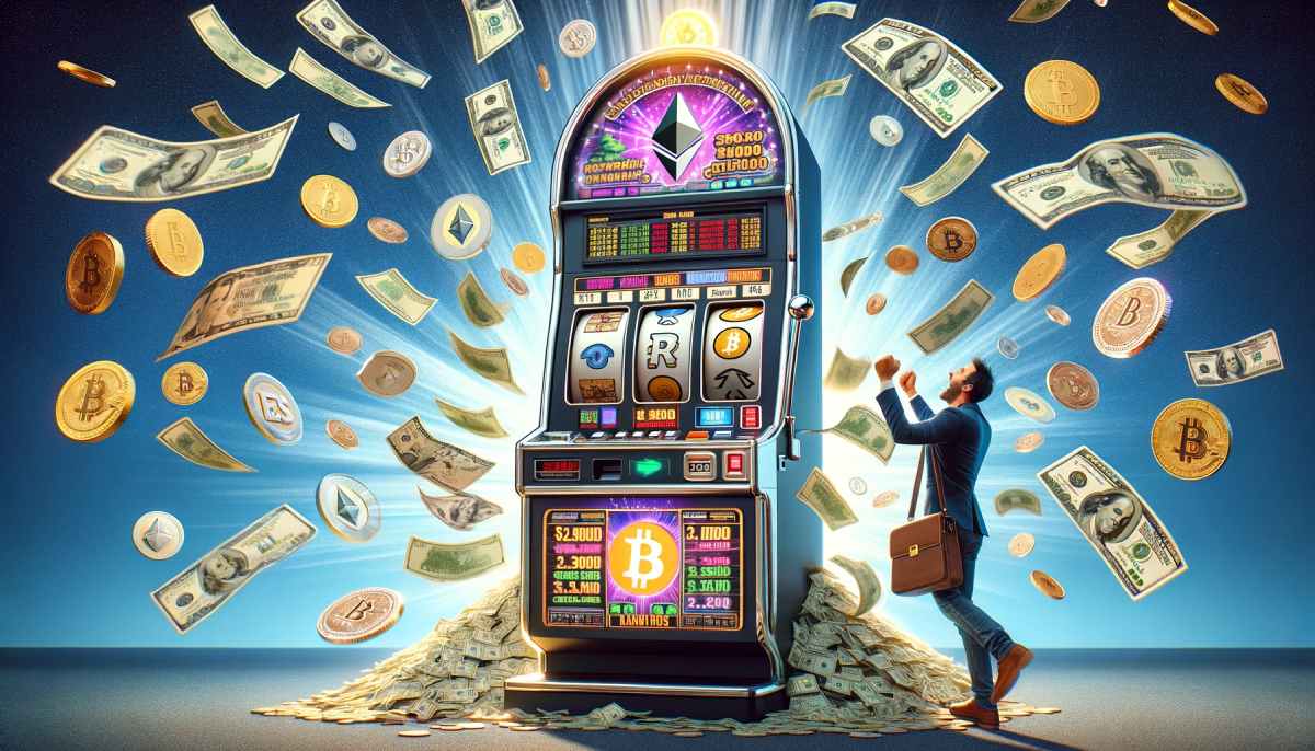 maszyna kasynowa typu jednoręki bandyta z logo bitcoina wyrzucająca z siebie miliony dolarów, symbolizująca wygraną w memecoinach na blockchainie solana