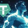 Superbohater w stylu komiksowym, logo Tether w tle.