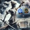Temida, na tle Białego Domu, z szalą, na której znajduje się logo Coinbase i SEC