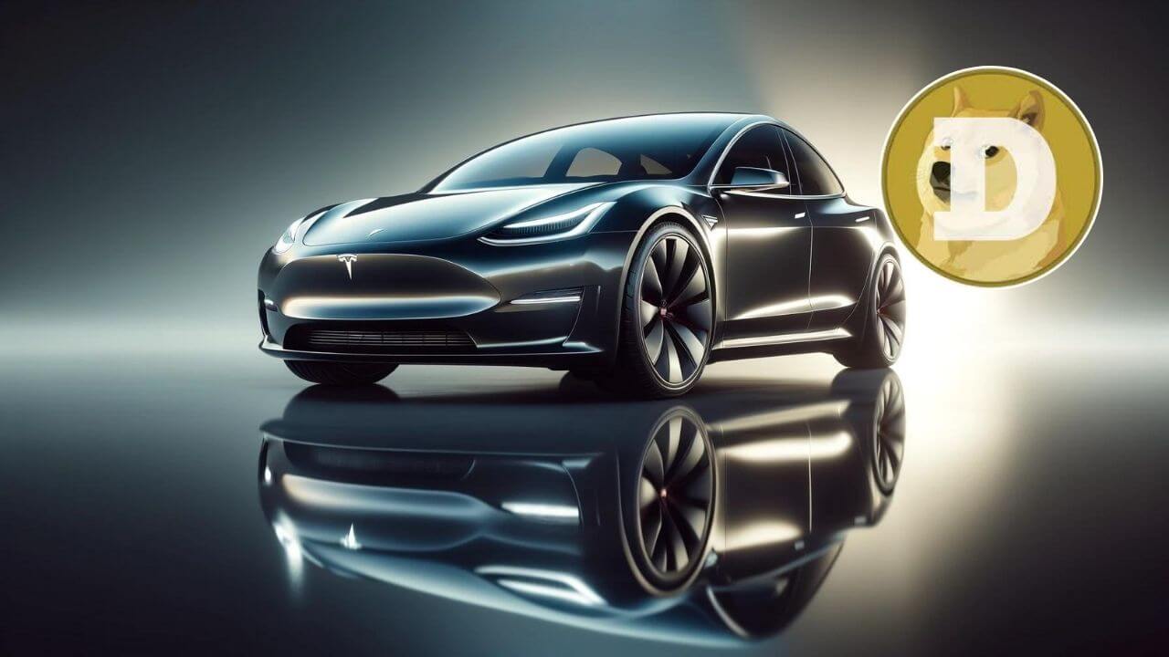 Samochód Tesla, w tle moneta Dogecoin