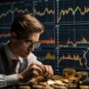 Trader obserwuje złote altcoiny. W tle wykresy giełdowe.