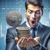 Trader trzymający stos monet, obok moneta BTC, w tle wykres giełdowy.