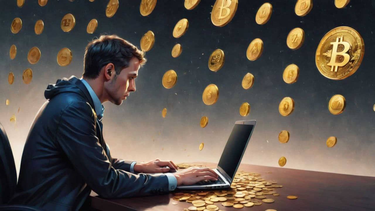 Trader przeglądający laptopa. W tle Bitcoiny.